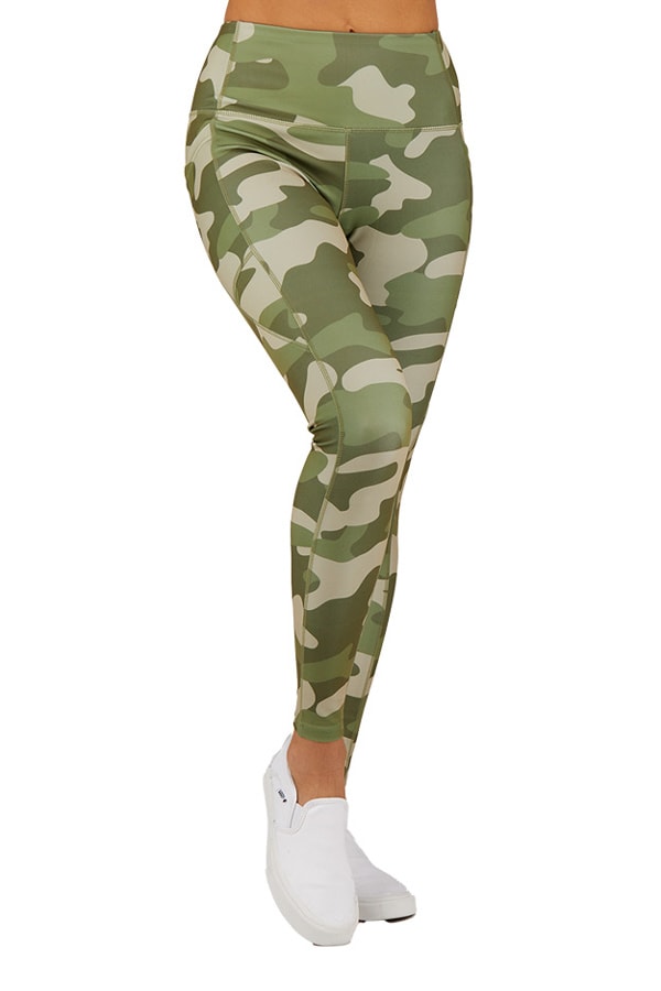 full length camouflage print active leggings with pocket detail green